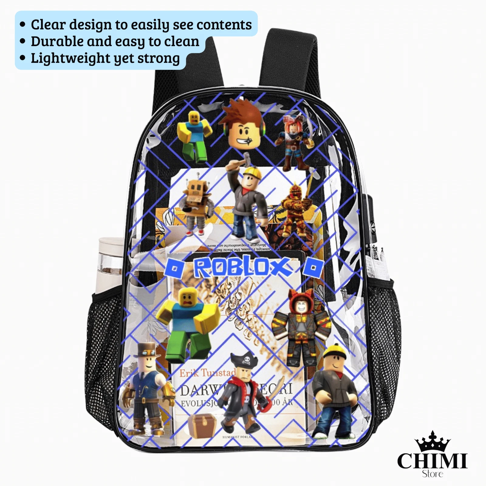 Custom Clear Roblox Backpack for Kids – Blue Logo & Name –Personalized