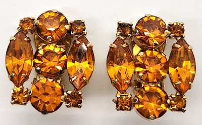 Vintage La Rel Gold Yellow Amber & Iridescent Cuff Rhinestones Clip On Earrings