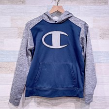 Champion Raglan Colorblock Tech Fleece Hoodie Blue Gray Pocket Boys Large