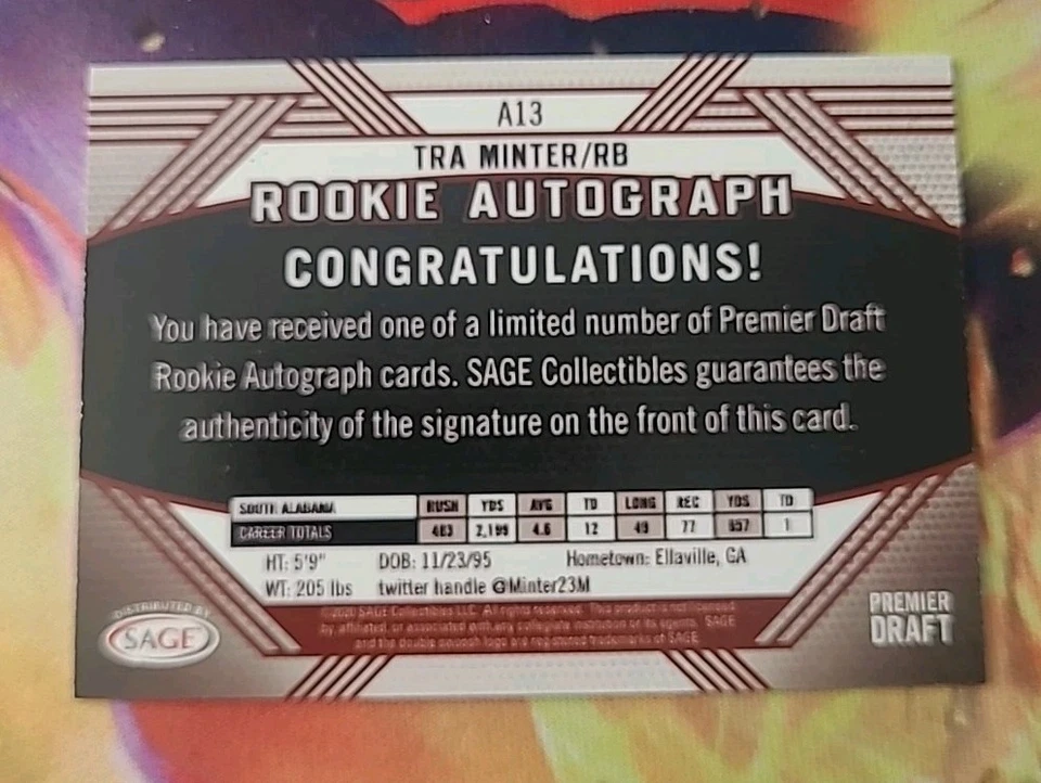 Tra Minter 2020 SAGE HIT Rookie Autographs Black Auto A13  - Image 2 of 2