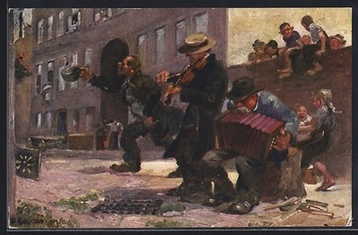 Artist postcard street musicians playing accordion and violin 