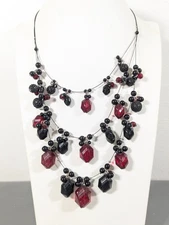 Gothic Black Red Statement Necklace Charm Layered Wire Bold 18 in