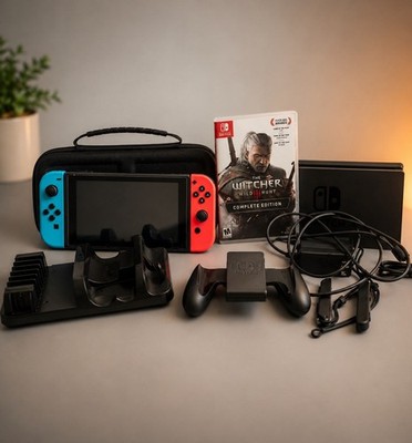 Nintendo Switch Console Bundle Red/Blue Joy-Con Dock Case Witcher 3 Metroid