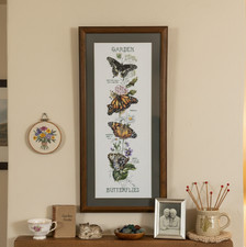Vintage Framed Butterfly Needlepoint Garden Wall Art Handcrafted Floral 12x26