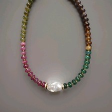 Bunte Multicolor Turmalin Perlenkette Mit Barockperlen-Einsatz, 18 K Vergoldet