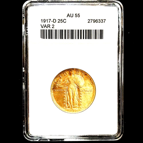 1917 D AU 55 ANACS  STANDING LIBERTY QUARTER TYPE 2 - BRIGHT &  GREAT EYE APPEAL