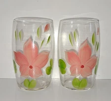 Vintage Barlet Collins Glasses Tumblers 2 Pink Floral 10 Oz HandPainted 