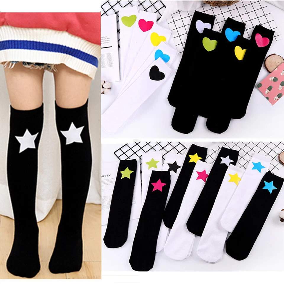 Calentador de piernas para niños negro blanco corazón estrella calcetines hasta la rodilla medias LH326 Foto 2 de 4