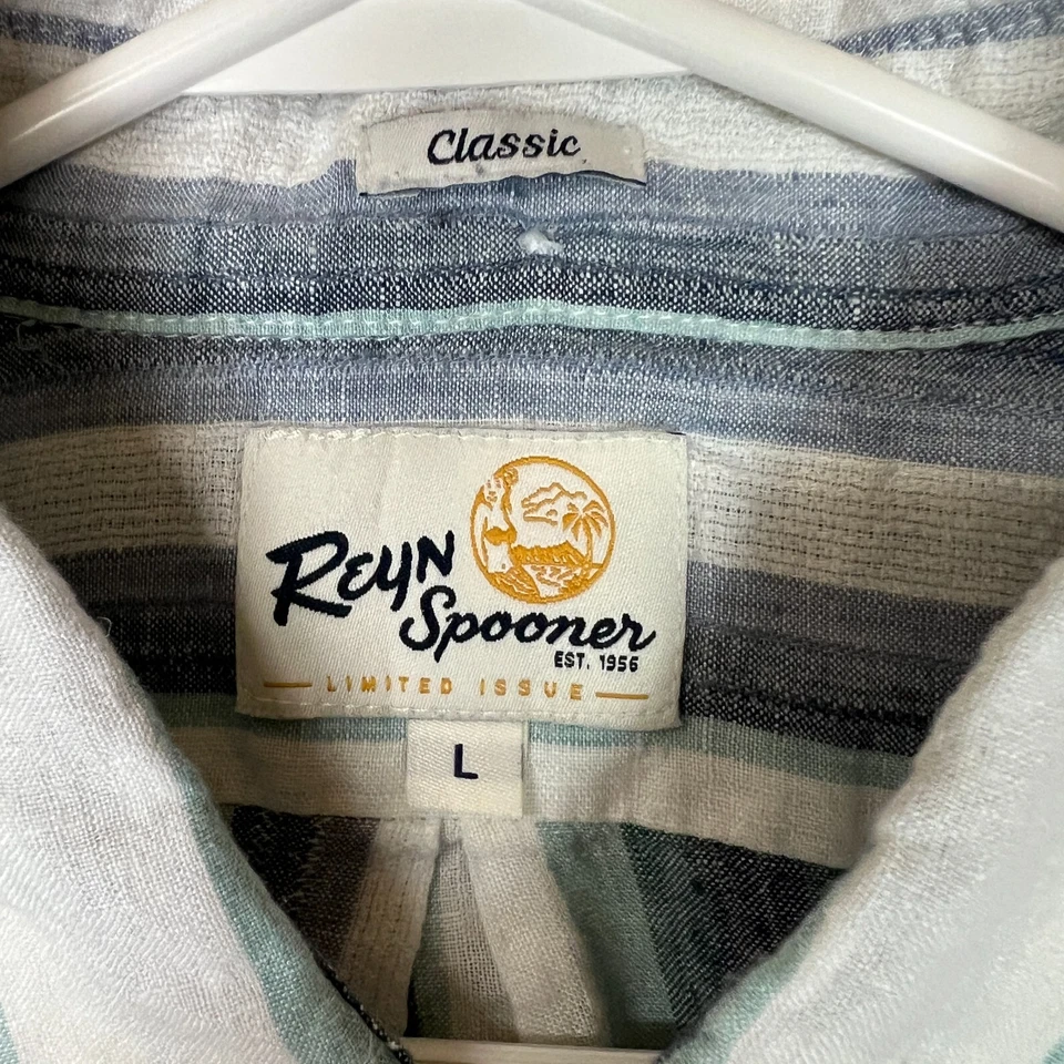 Reyn Spooner Shirt Mens Large White Blue Classic Fit Linen Button Down Striped - Image 3 of 4