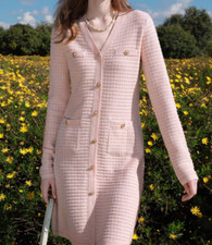 Knitted Dress V-neck Long-sleeved A-line Short Skirt Wool Blend Women Office