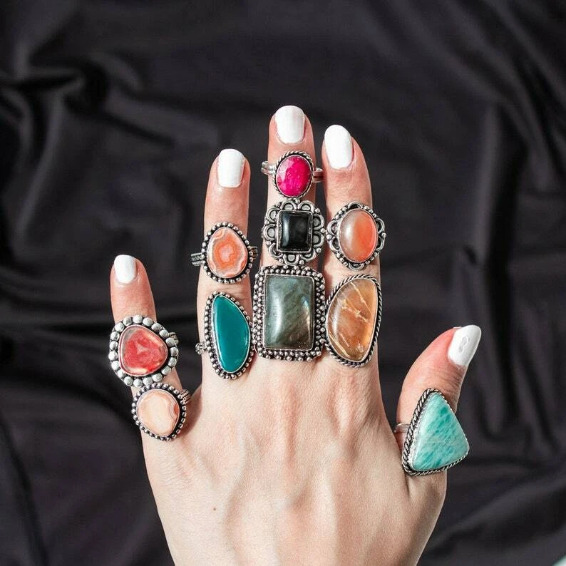 Rings Lot Natural Mix Gemstone Rings hippie rings Handmade