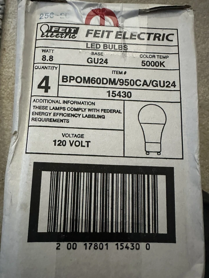4-PACK Feit Electric 60W 800Lumens GU24 Dimmable LED Bulb 5000K BPOM60DM/950CA - Image 2 of 2