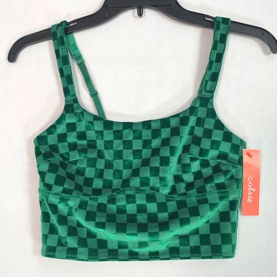 Colsie Velvet Brami Womens Small Soft Adjustable-Straps Green Checkered
