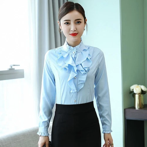 Camisa Blusa Top Oficina Dama Cuello Alto Volantes Manga Larga Calce Ajustado Formal - Imagen 2 de 23
