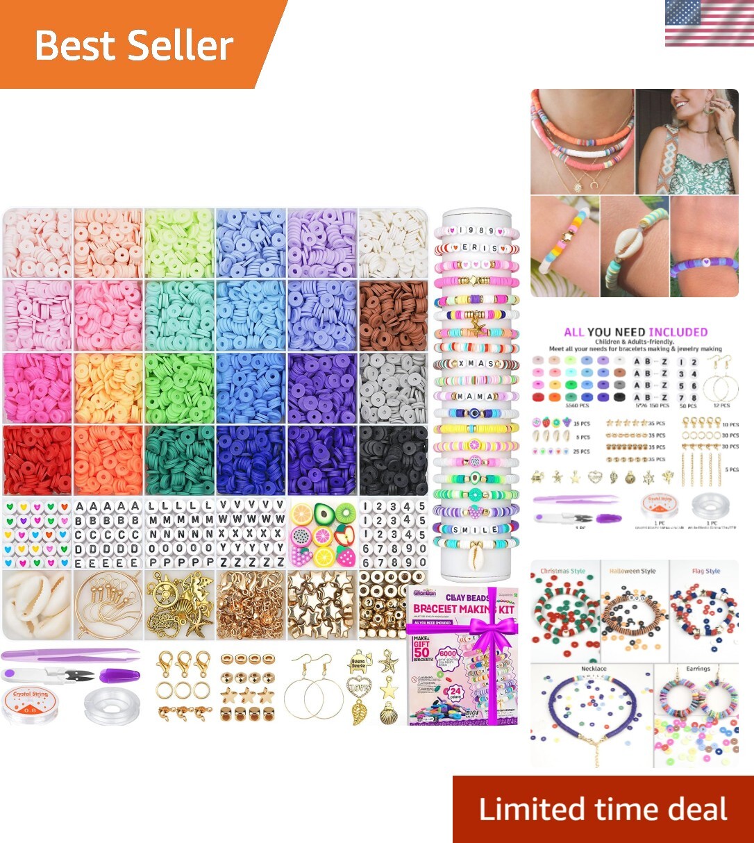 6000 Clay Beads Bracelet Kit 24 Color Flat Preppy Friendship Jewelry Making