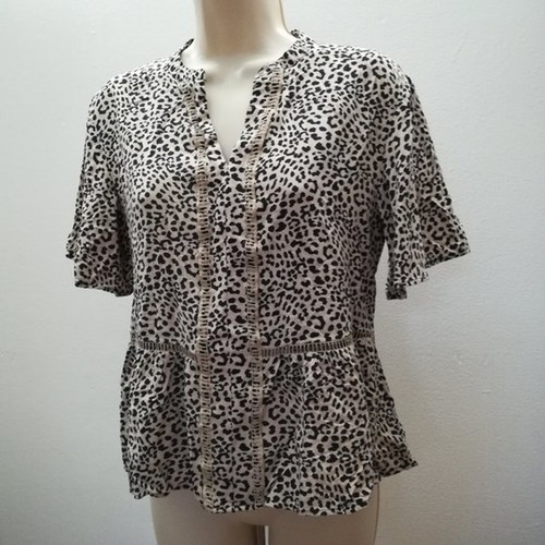 Express Animal Print Mandarin V-Neck Short Sleeve Peplum Blouse Size XS - Picture 4 of 12