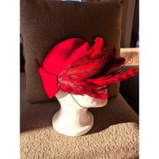Vintage Adolfo II Wool Felt Red Pillbox Hat Feather Accent Made in USA