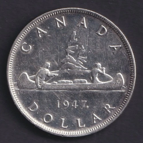 Canada 1947 $1 One Silver Dollar King George VI .800 Silver Maple Leaf Double HP