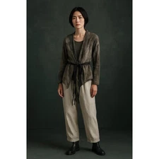 Pas de Calais Linen Blend Hand Dyed Belted Blouse Grey Tie Dye 36 Sheer Size 4