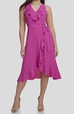 Kensie Women's Purple Ruffled Stretch Tie-Waist Faux-Wrap Dress Size 2