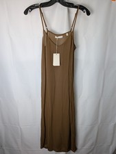 NWT DOEN Long Deep V Neck Slip Dress Brown Sheer Midi Size XS