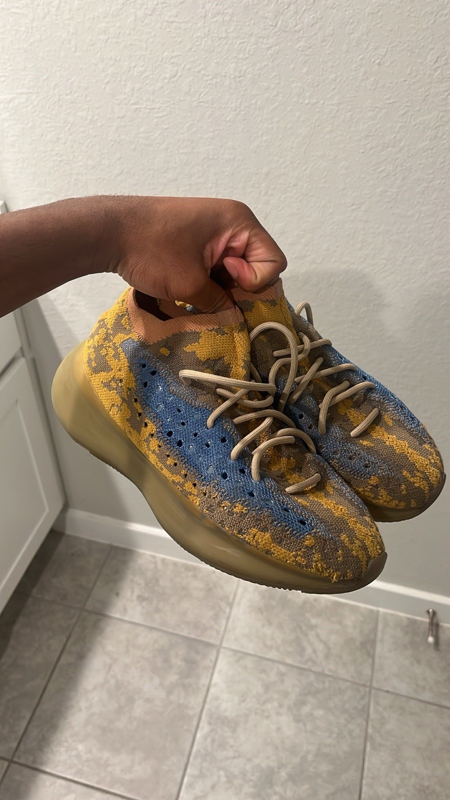 adidas Yeezy Boost 380 Blue Oat Men's Primeknit Lace Up Sneaker Blue Yellow Tan