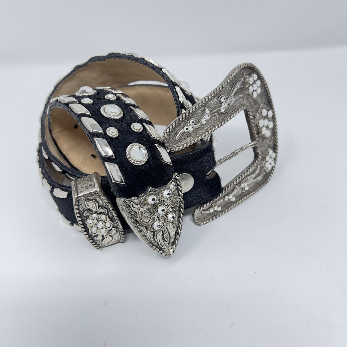 Vtg LEATHEROCK Western Belt Sz 30 Rhinestone Buckle Spain Cowgirl Leather USA Western Cowgirl Faux Alligator Rhinestone Studded Leather Belt main image 3