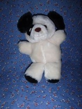 Russ Plush Dog White with Black Ears Paws About 8 Inch High Unused to Gently Use