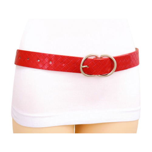 Mujer Rojo Entretejido Piel Sintética Sofisticado Belt Metal Dorado Hebilla Fit - Imagen 8 de 24