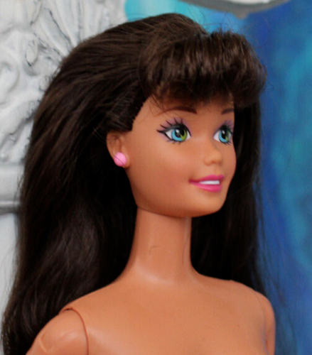 Nude TNT Barbie Brunette long wavy hair w bangs Blue Green eyes superstar face - Picture 2 of 11