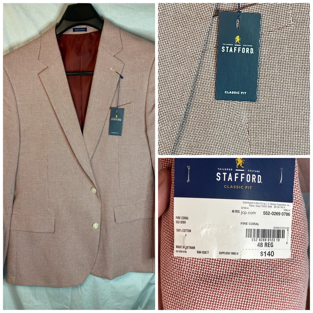 Stafford Blazer Mens Size 48 Reg Cotton Two Button Sport Coat Jacket Fire  Coral | eBay