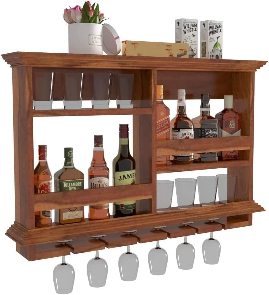 Wine Rack Wooden Wall Hanging bar Cabinet Shelf with Wall Mounted