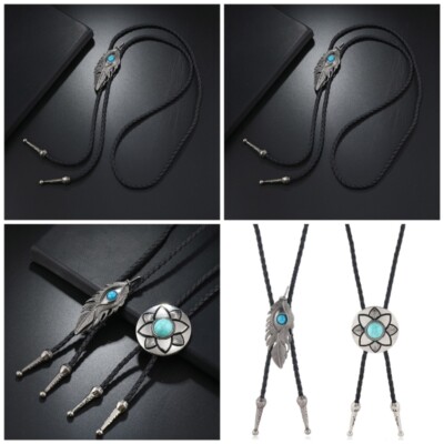 2Pcs American Bolo Tie Vintage Cowboy Artificial Leather Rope Flower Necktie