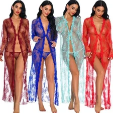 Women's Bathrobe Sexy Lingerie Lace Robe See Through Cover Night Dress Sleepwear