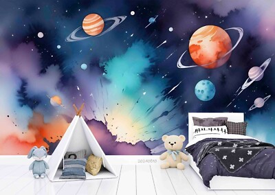 3D Planet Space Watercolor Self-adhesive Removable Wallpaper Murals 16