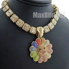 Hip Hop Icy Gold Plated Sunflower Pendant & 16" 18" Iced Baguette Chain Necklace