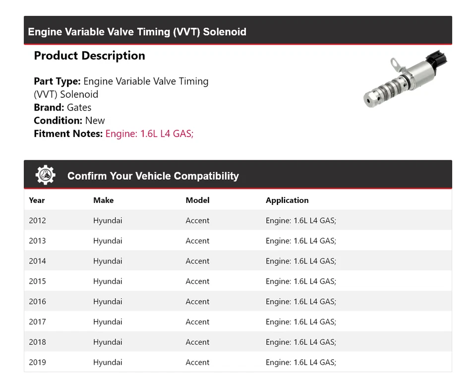 Para Hyundai Accent 2012-2019 1,6 L L4 motor de gas VVT puertas solenoides 2013 2014 Foto 2 de 4