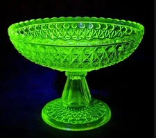EAPG Central Glass Co. Pressed Block & Diamond Vaseline Uranium Glass Compote LG