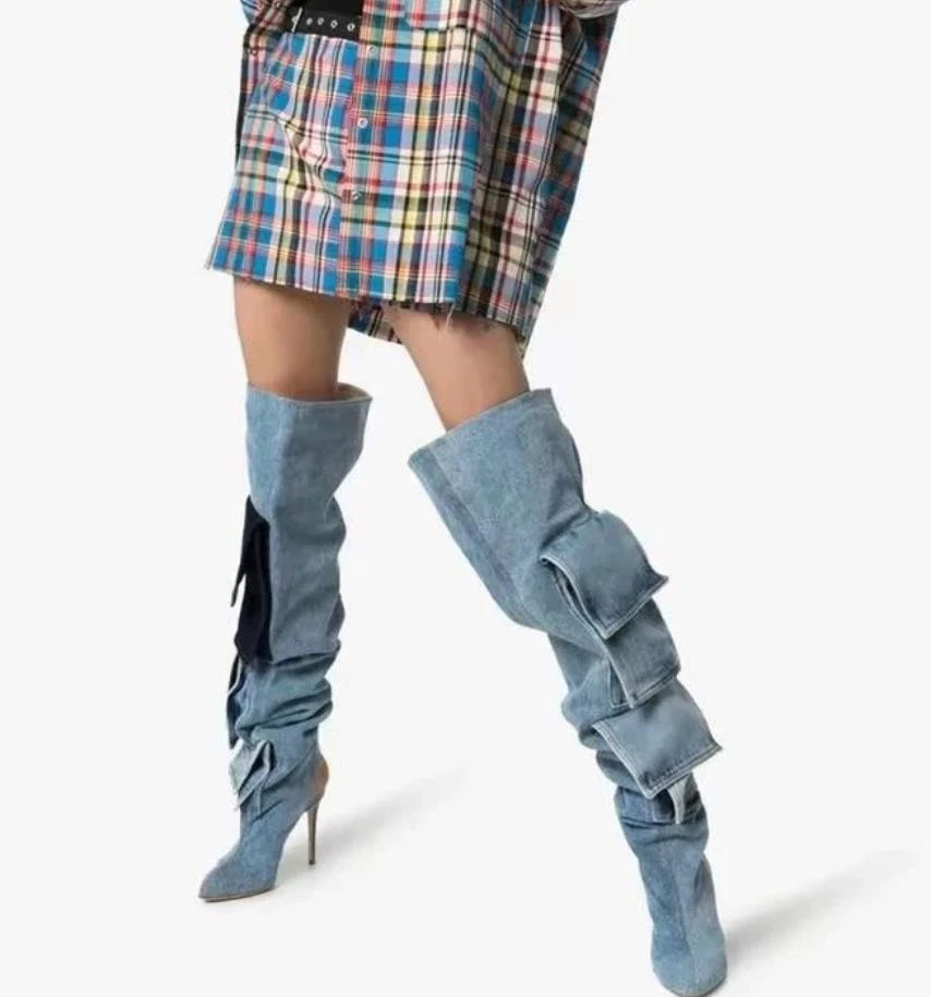 Mujeres Azul Denim Jean Zapatos Sobre la Rodilla Botas Tacones Altos Tacones de aguja Cordones Sexy Foto 2 de 4