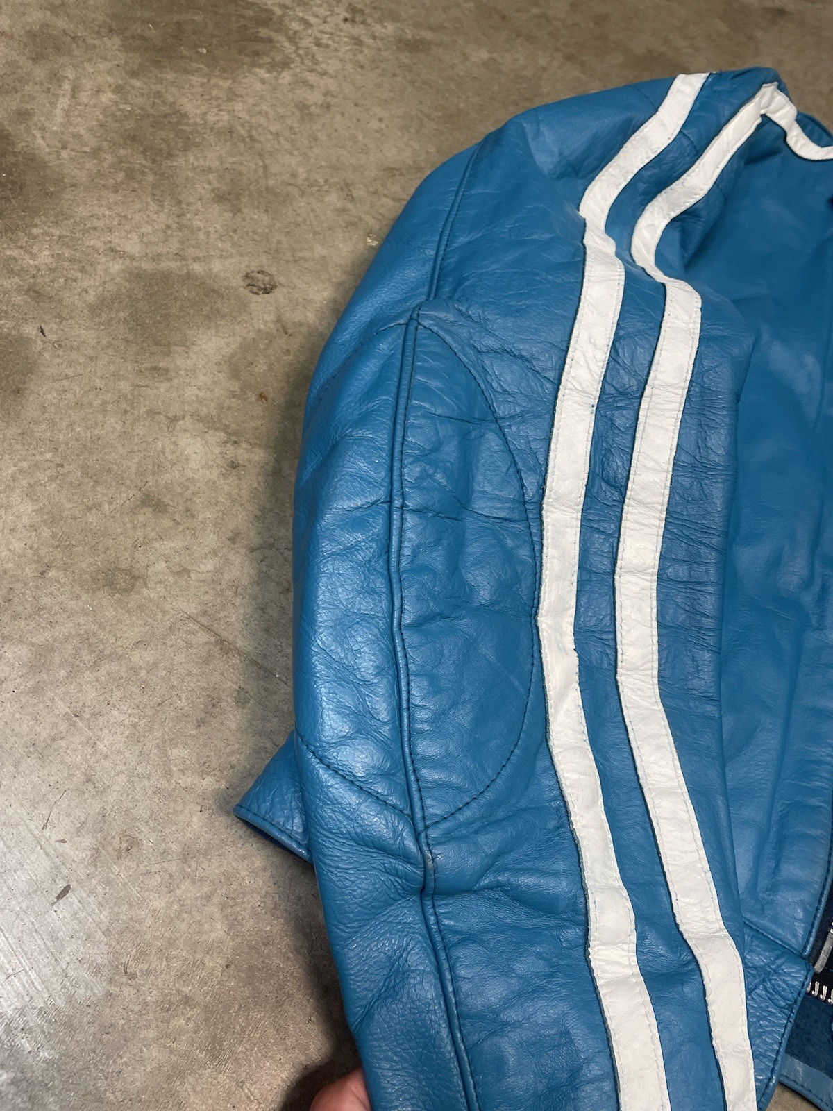 70s blue striped Lewis Leathers Aviakit One Piece Racing Suit. Made in England.