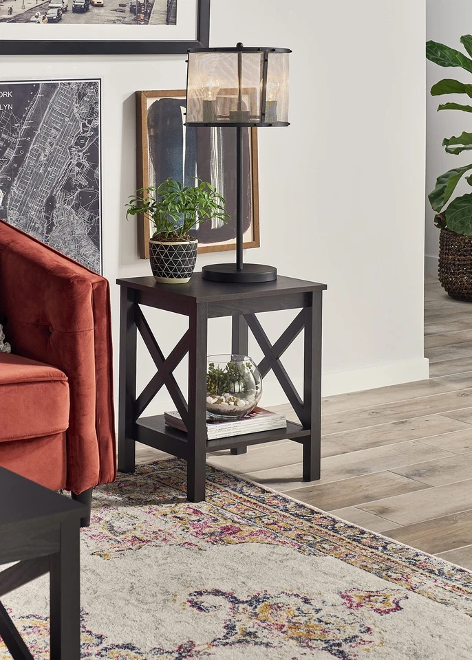 Mesa auxiliar o auxiliar de diseño con marco X 3905 con estante, madera de nogal negro Foto 3 de 4