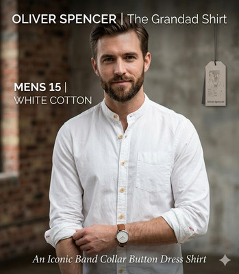 Oliver Spencer Grandad Shirt Mens 15 White Cotton Band Collar Button Dress Shirt