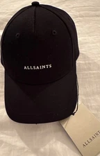 NEW AllSaints All Saints Logo Baseball Cap Hat Leather Strapback, Black - NWT