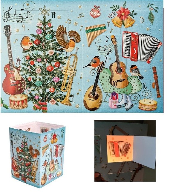 Sandra Brezina "Leuchtender-Adventskalender-Karte "Musik-Instrumente" Grußkarte