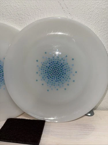 Vintage Anchor Hocking Fire King Blue Mosaic Tile - MCM 7 inch plates - Set of 2