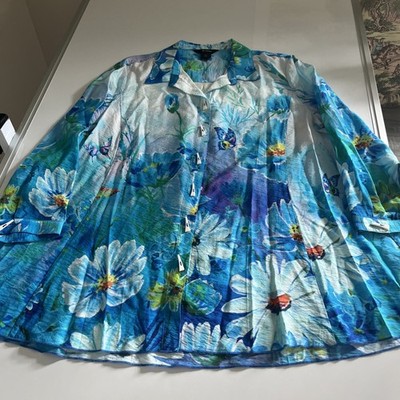 Ali Miles Womens L Blue Butterfly Floral Button Up Top Tunic Artsy Novelty