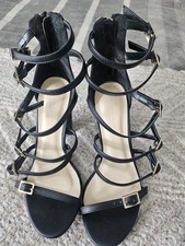 Black Strappy Block Heel Zipper Open Toe Sandals Size 6