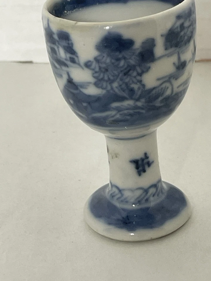 Miniatures Blue &White Porcelain Ceramic Stem Cup Featuring Chinese Motifs Sceni - Image 4 of 4
