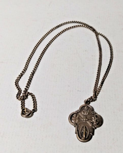Antique Catholic Made in Italy Saints Four Way Cross Pendant, 18" Chain