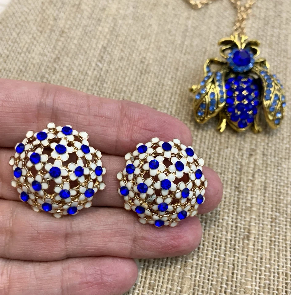 Pendientes Betsey Johnson Floral Esmalte Azul Estrás Collar Insecto Azul Foto 4 de 4